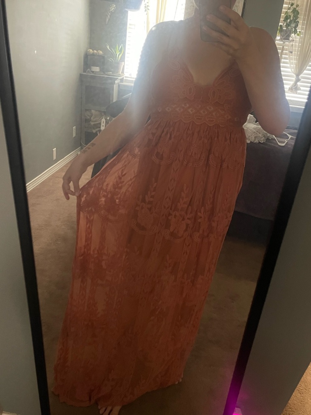 Rust Lace Maxi Dress with Scalloped Bodice